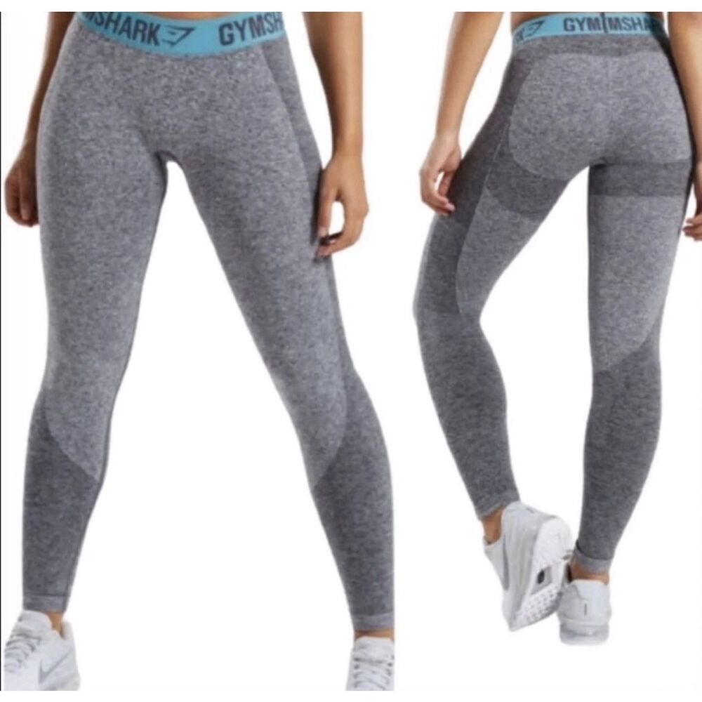 Gymshark Flex Leggings Gray Teal Waistband Stretch Knit Shaping Athletic Gym Sm - Picture 4 of 14